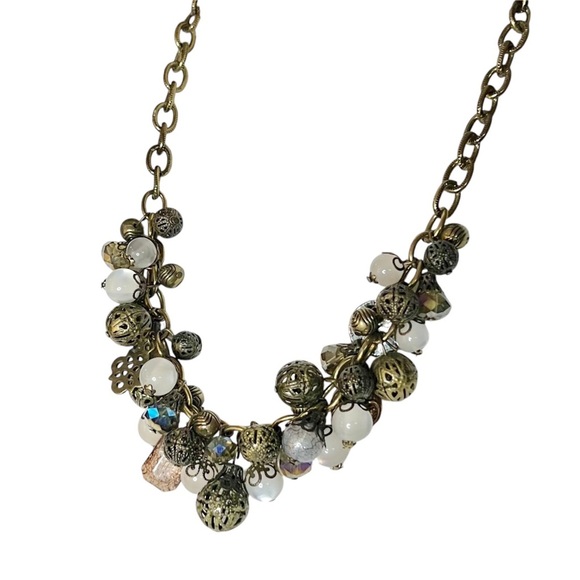 LOFT Chunky Beaded Charm Bronze Chain Link Necklace White Pink 16” + 3” Ext - Picture 3 of 6